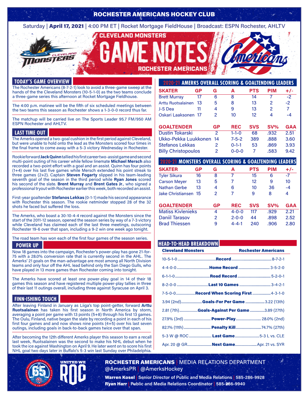 Rochester Americans Hockey Club Today's Game Overview Head-To-Head Breakdown Finn-Ishing Touch 2020-21 Amerks Overall Scoring