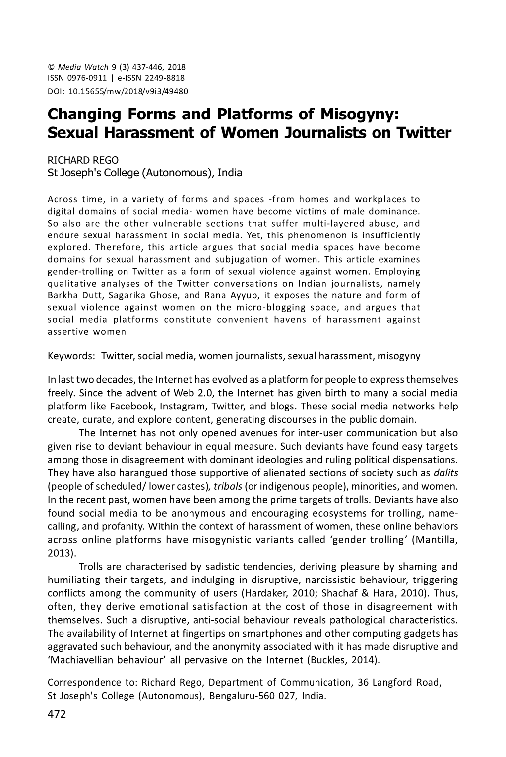 Changing Forms and Platforms of Misogyny: Sexual Harassment of Women Journalists on Twitter