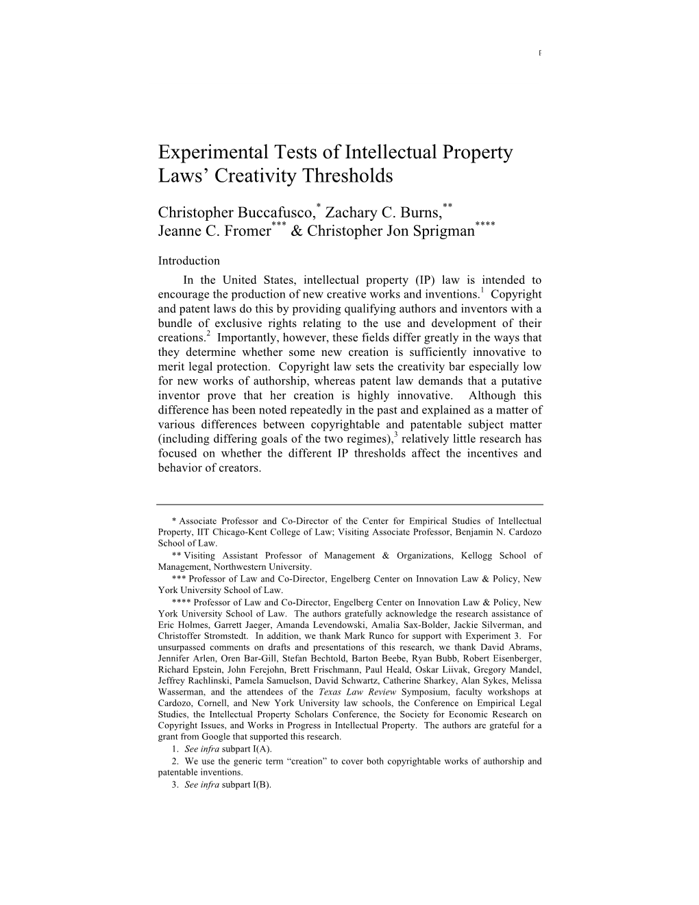 Experimental Tests of Intellectual Property Laws' Creativity Thresholds