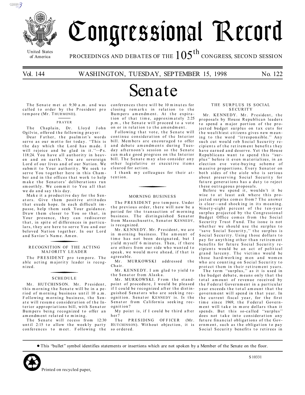 Congressional Record United States Th of America PROCEEDINGS and DEBATES of the 105 CONGRESS, SECOND SESSION