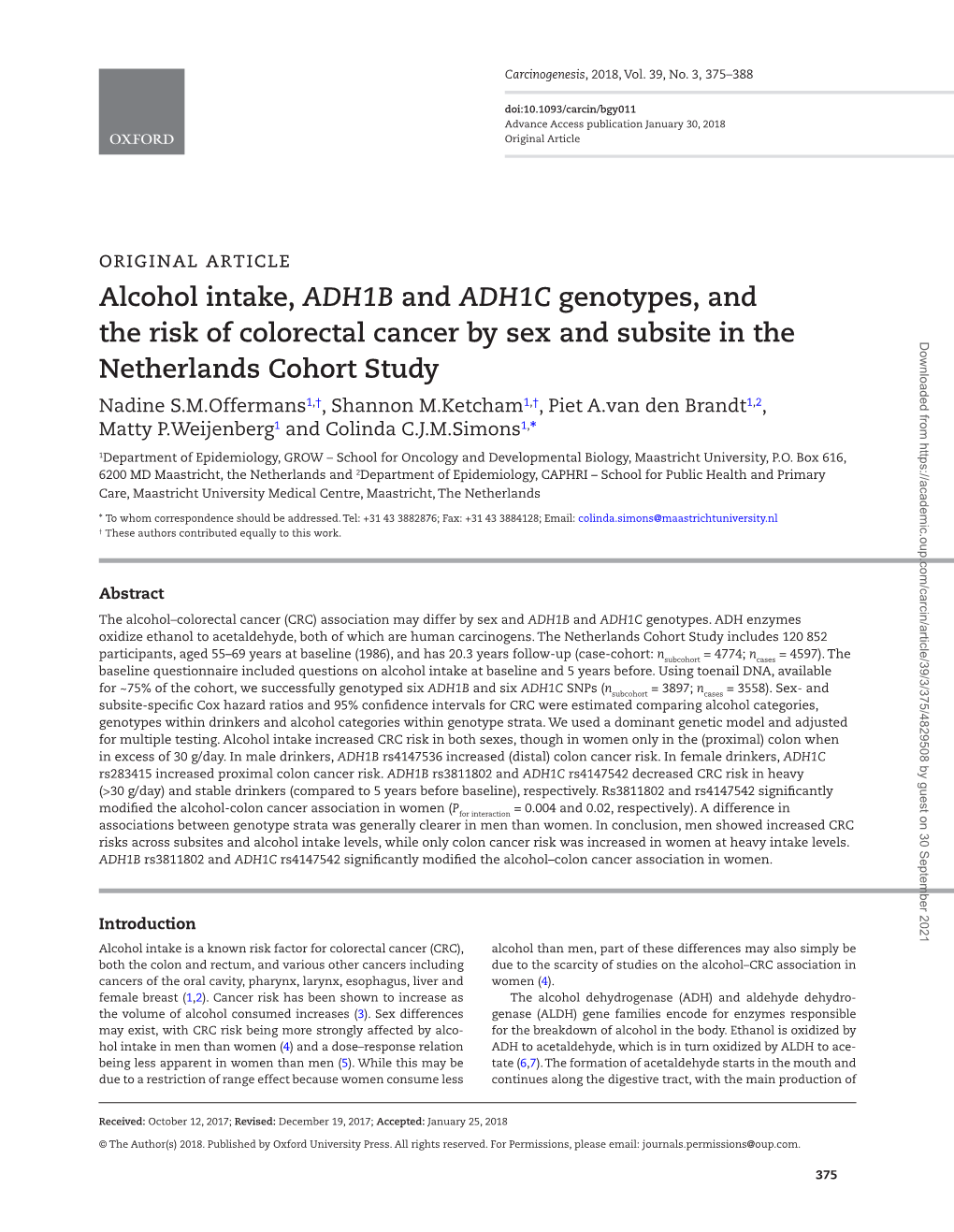 Alcohol Intake, ADH1B and ADH1C Genotypes, and the Risk of Colorectal