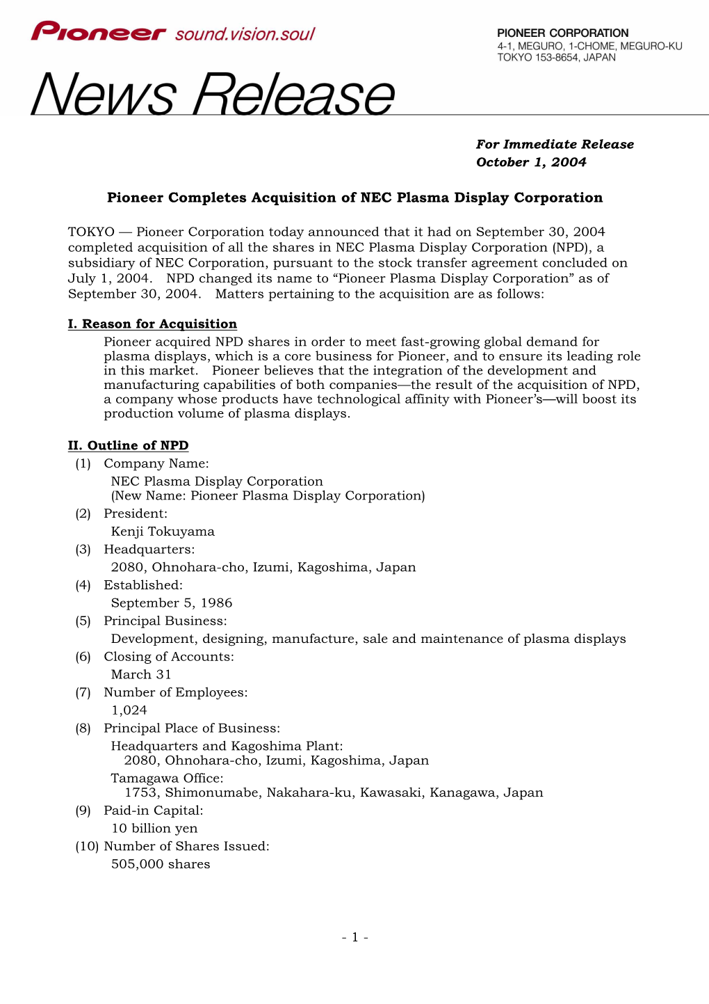 Pioneer Completes Acquisition of NEC Plasma Display Corporation