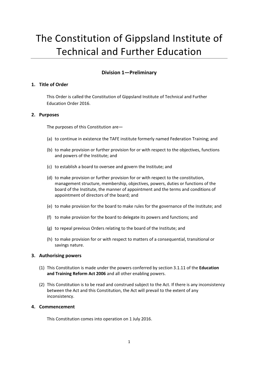 The Constitution of Gippsland Institute of Technical and Further Education