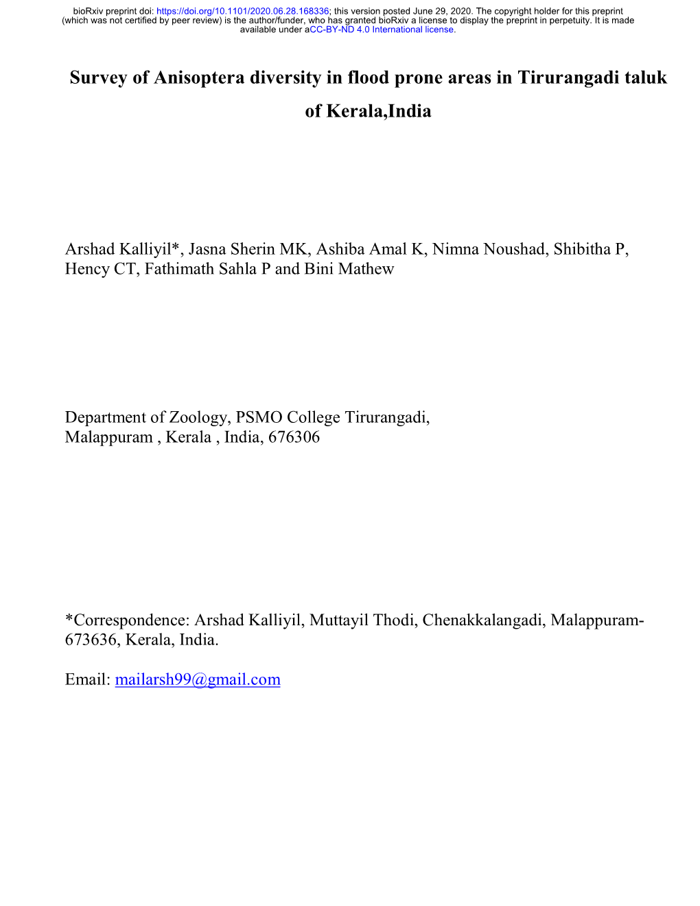 Survey of Anisoptera Diversity in Flood Prone Areas in Tirurangadi Taluk of Kerala,India