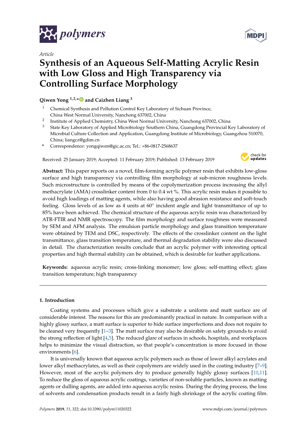 Synthesis of an Aqueous Self-Matting Acrylic Resin with Low Gloss and High Transparency Via Controlling Surface Morphology