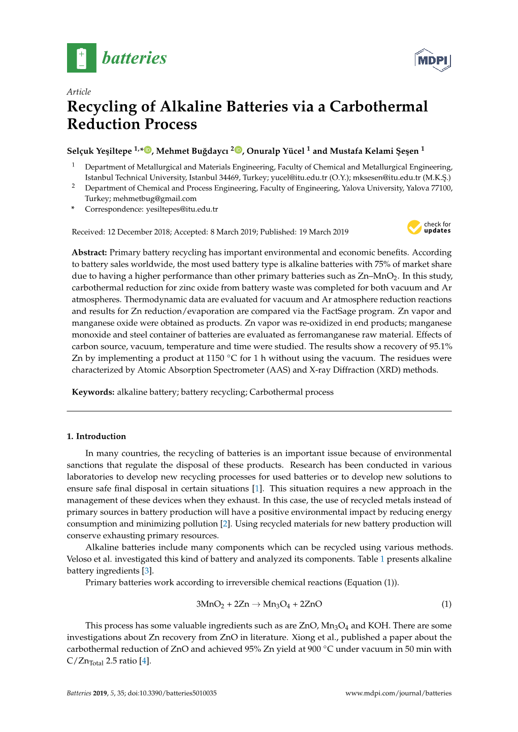 Recycling of Alkaline Batteries Via a Carbothermal Reduction Process