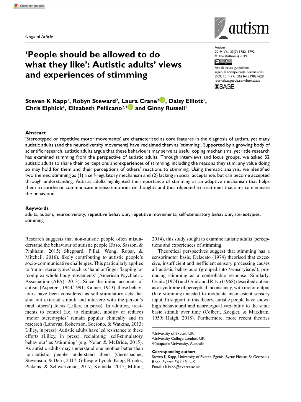 Autistic Adults' Views and Experiences of Stimming