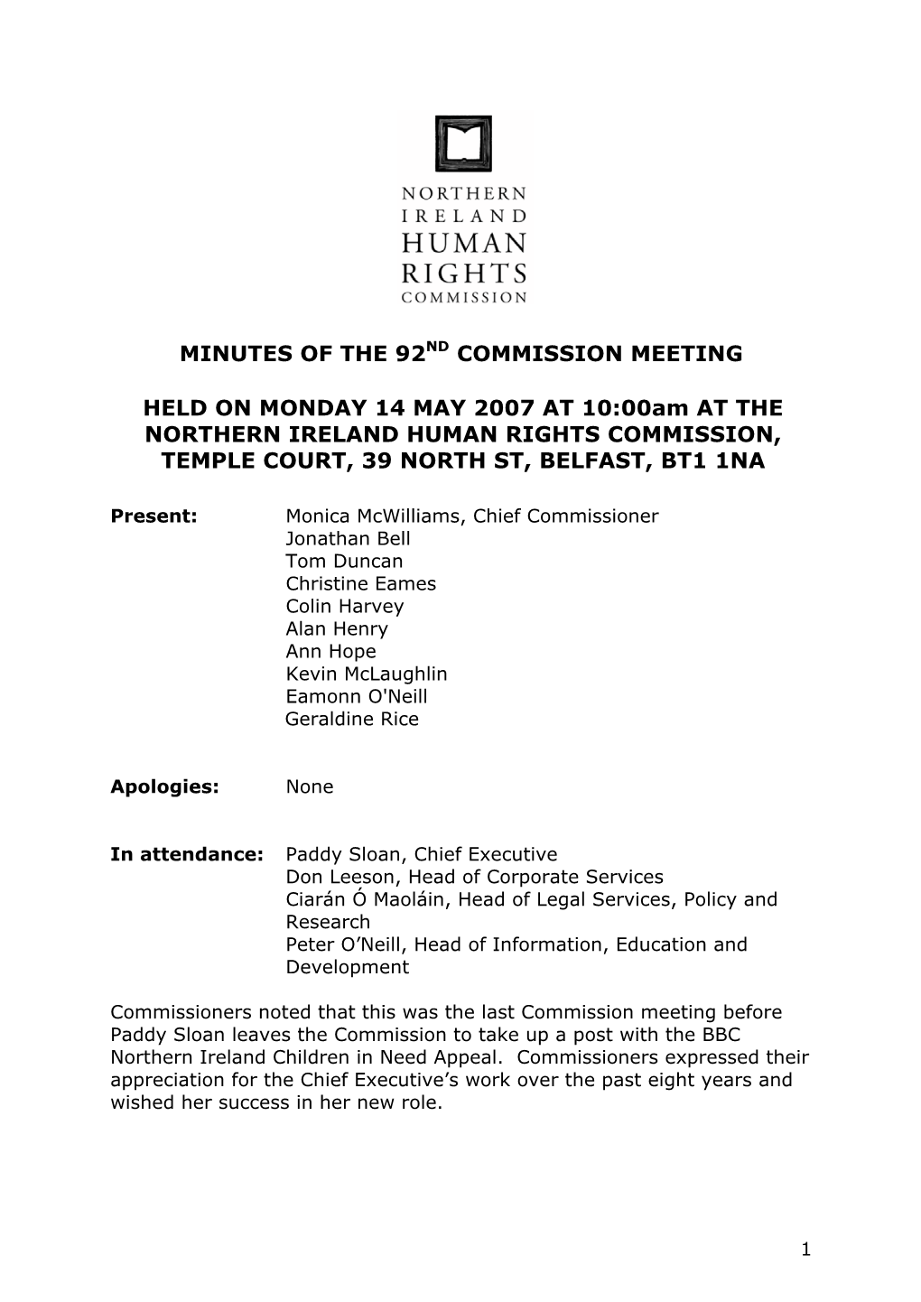 Minutes of 92Nd Meeting 14 May 2007