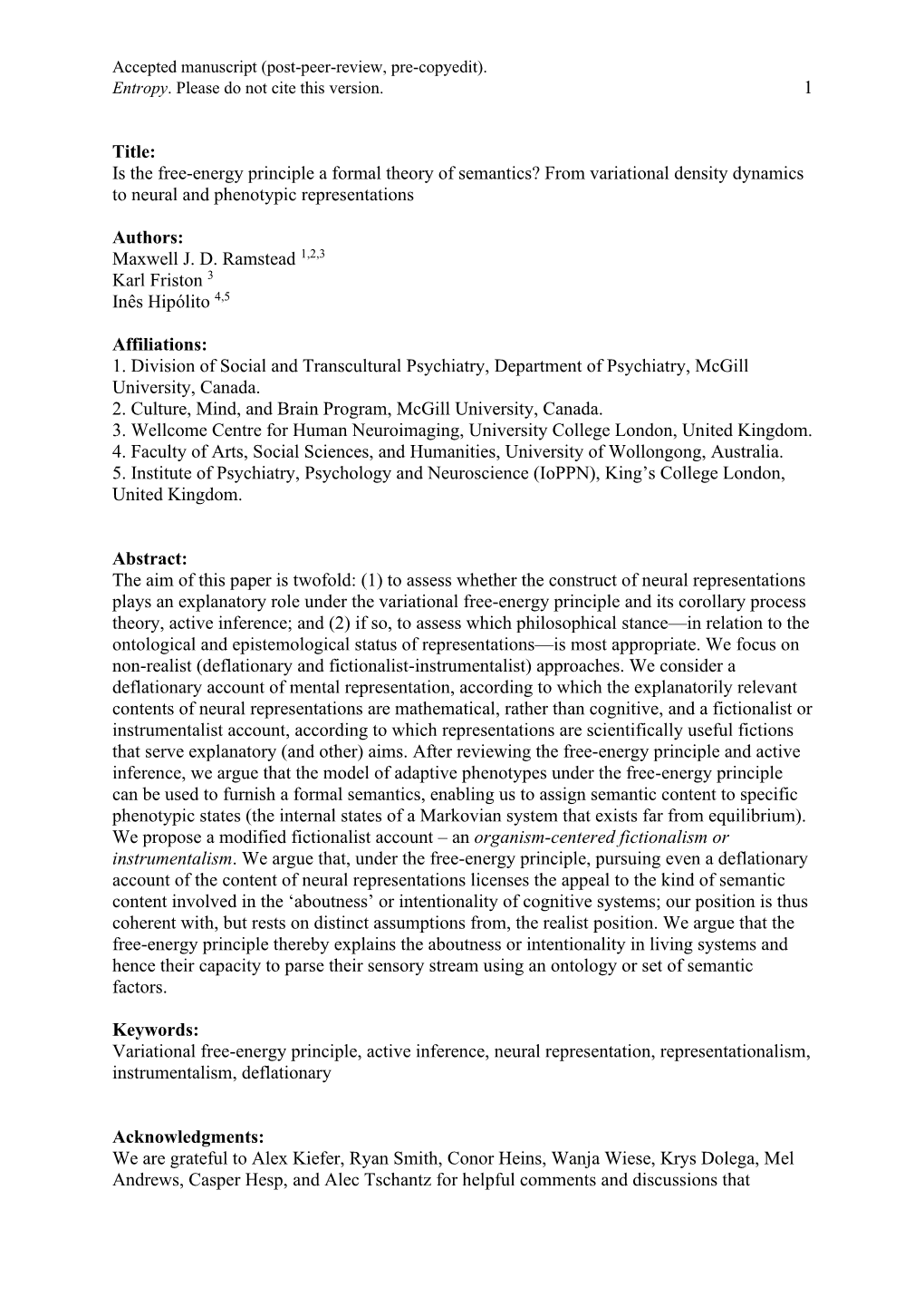 1 Title: Is the Free-Energy Principle a Formal Theory of Semantics? from Variational Density Dynamics to Neural and Phenotypic R