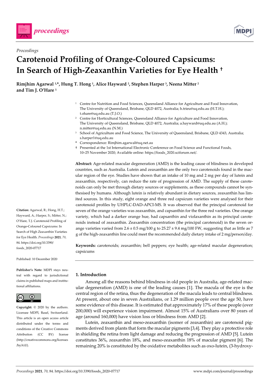 Carotenoid Profiling of Orange-Coloured Capsicums: in Search of High-Zeaxanthin Varieties for Eye Health †