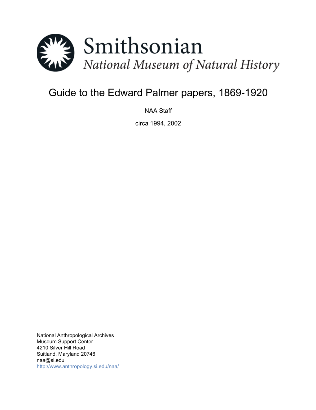 Guide to the Edward Palmer Papers, 1869-1920