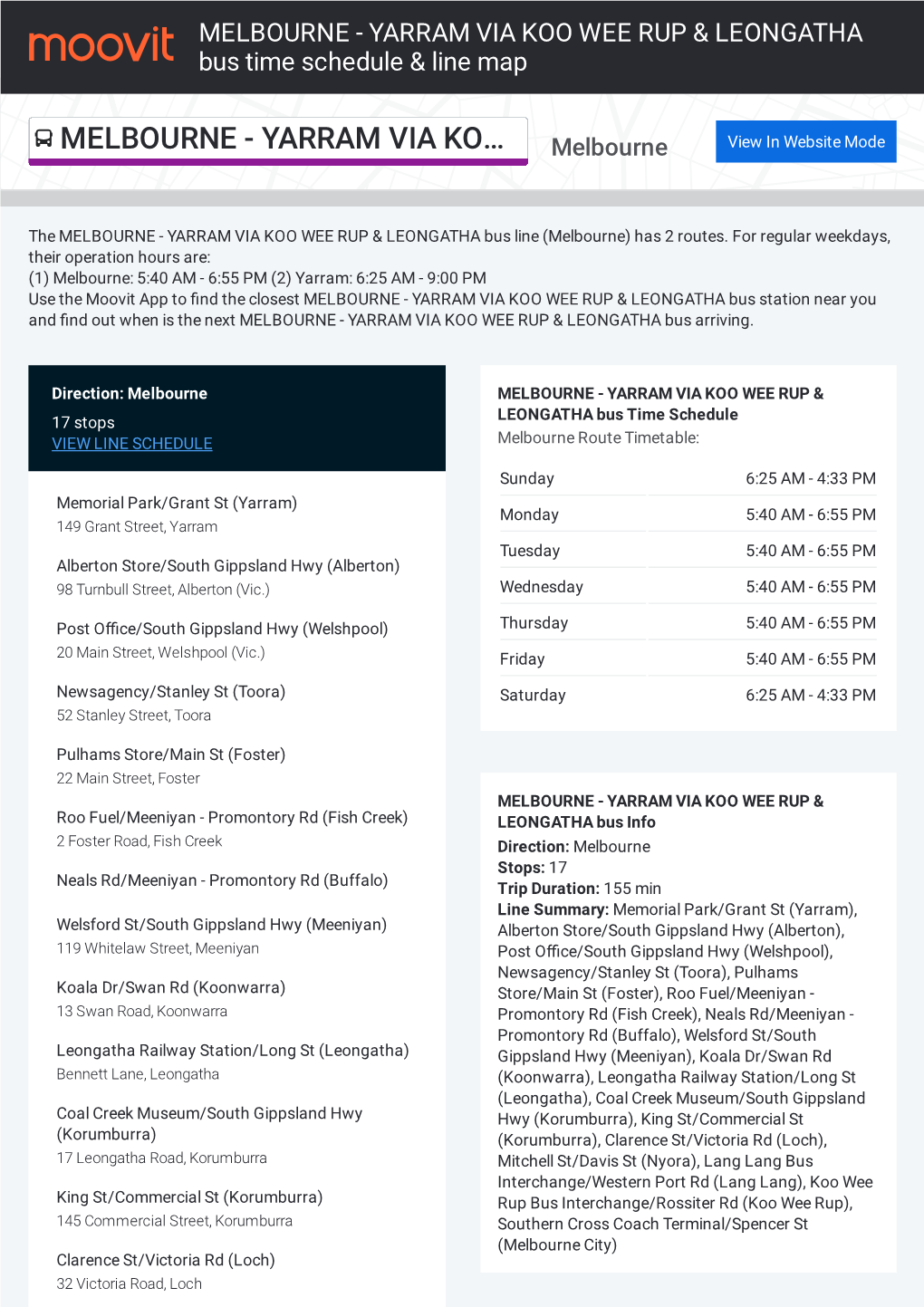 MELBOURNE - YARRAM VIA KOO WEE RUP & LEONGATHA Bus Time Schedule & Line Map