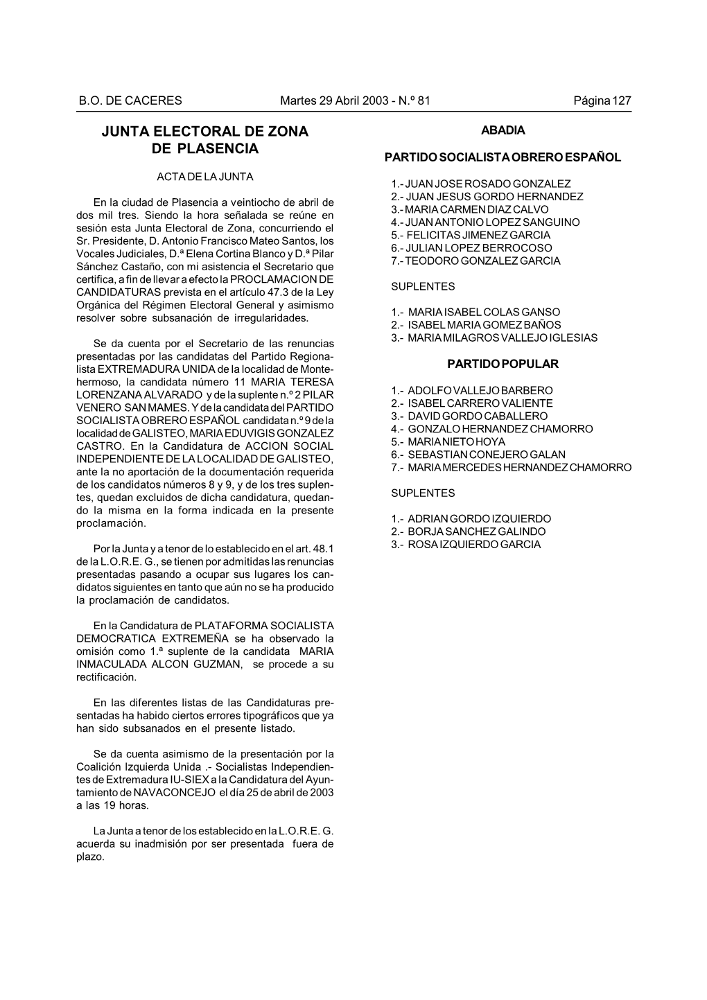 BO DE CACERES Página 127 Martes 29 Abril 2003