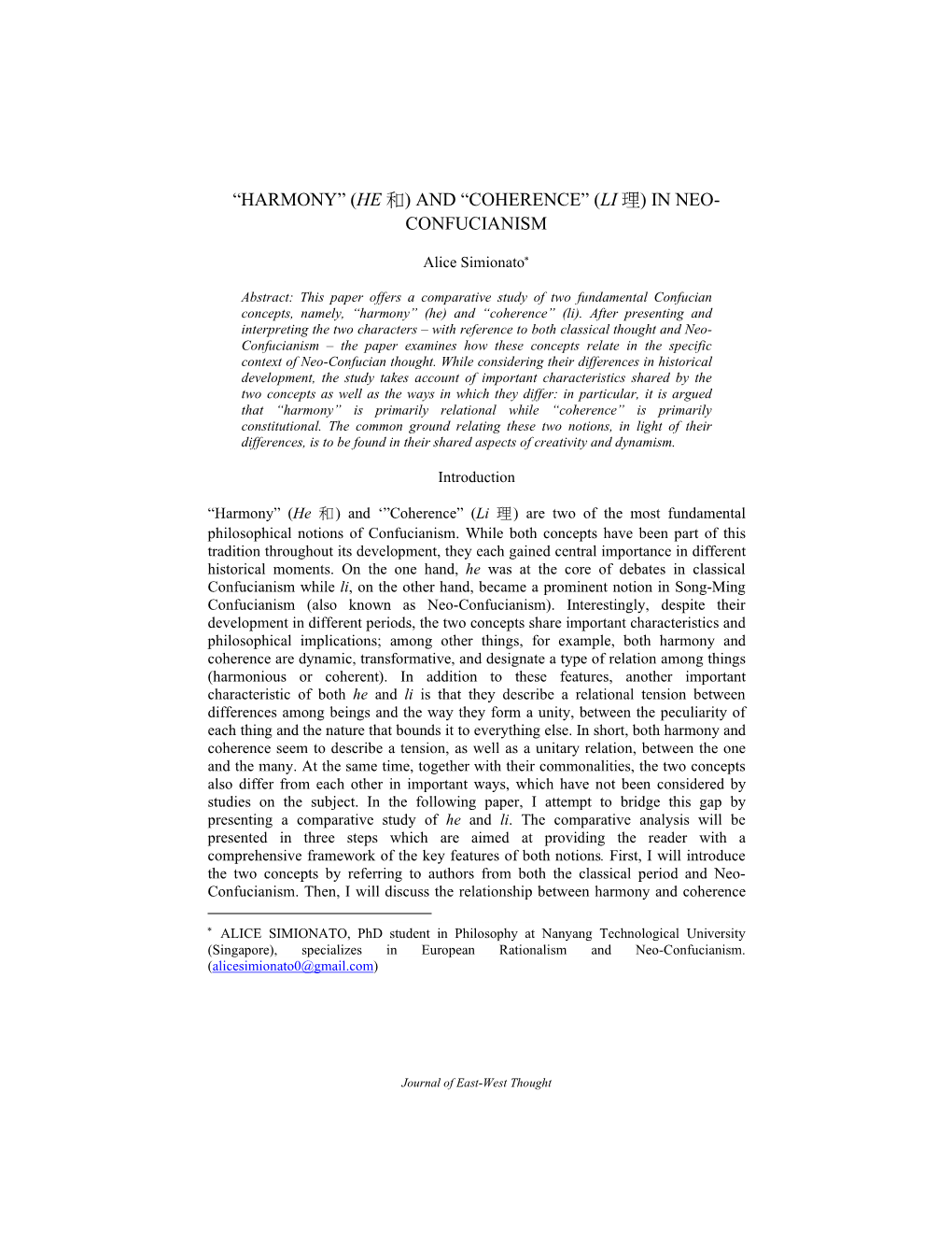 “Harmony” (He 和) and “Coherence” (Li 理) in Neo- Confucianism