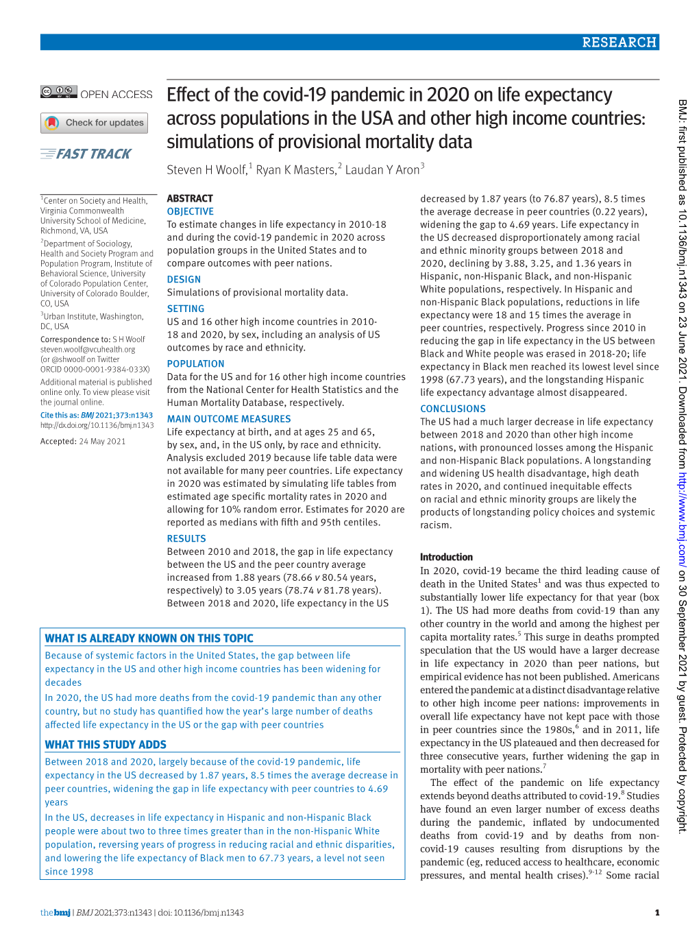 Effect of the Covid-19 Pandemic in 2020 on Life Expectancy BMJ: First Published As 10.1136/Bmj.N1343 on 23 June 2021