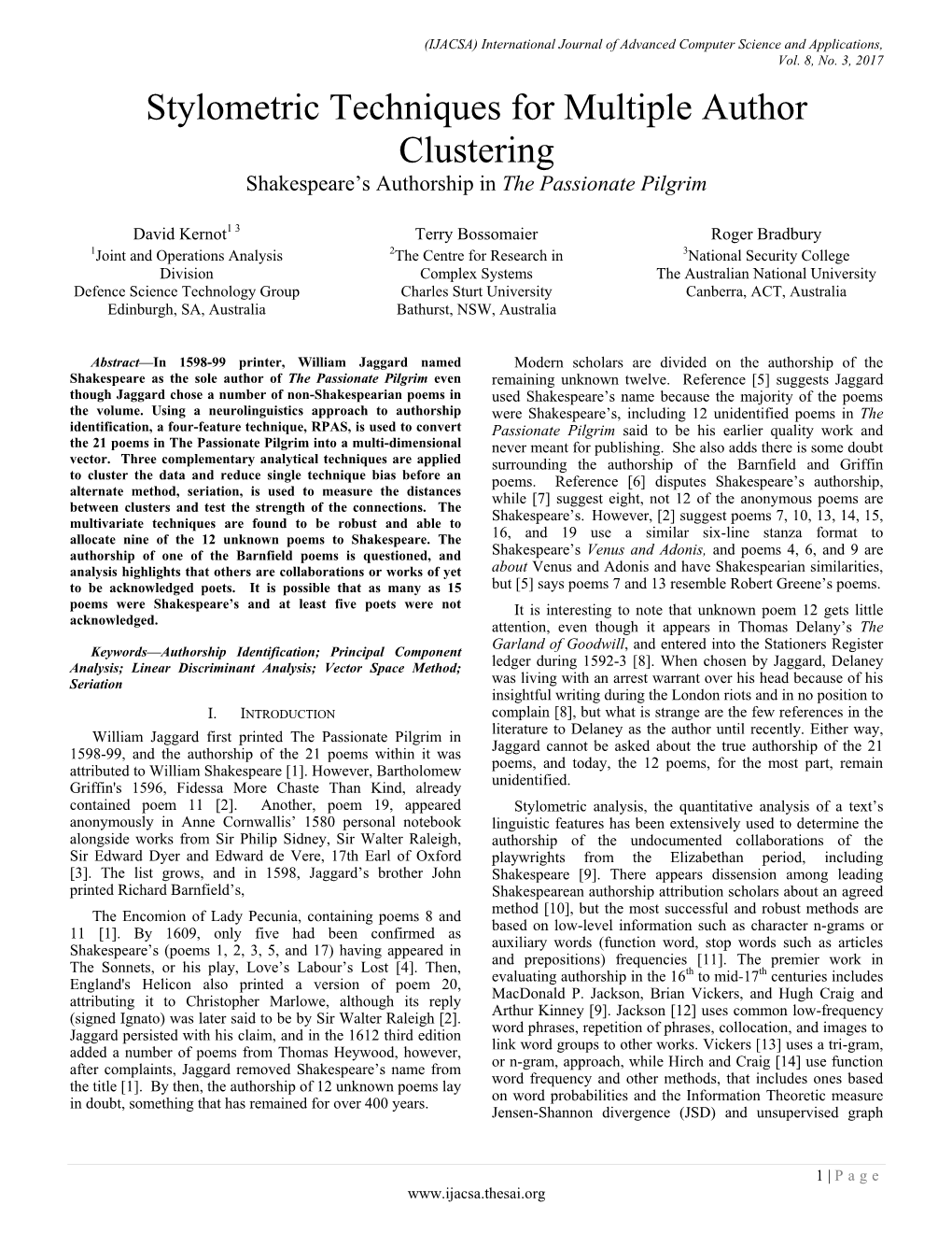 Stylometric Techniques for Multiple Author Clustering Shakespeare‘S Authorship in the Passionate Pilgrim