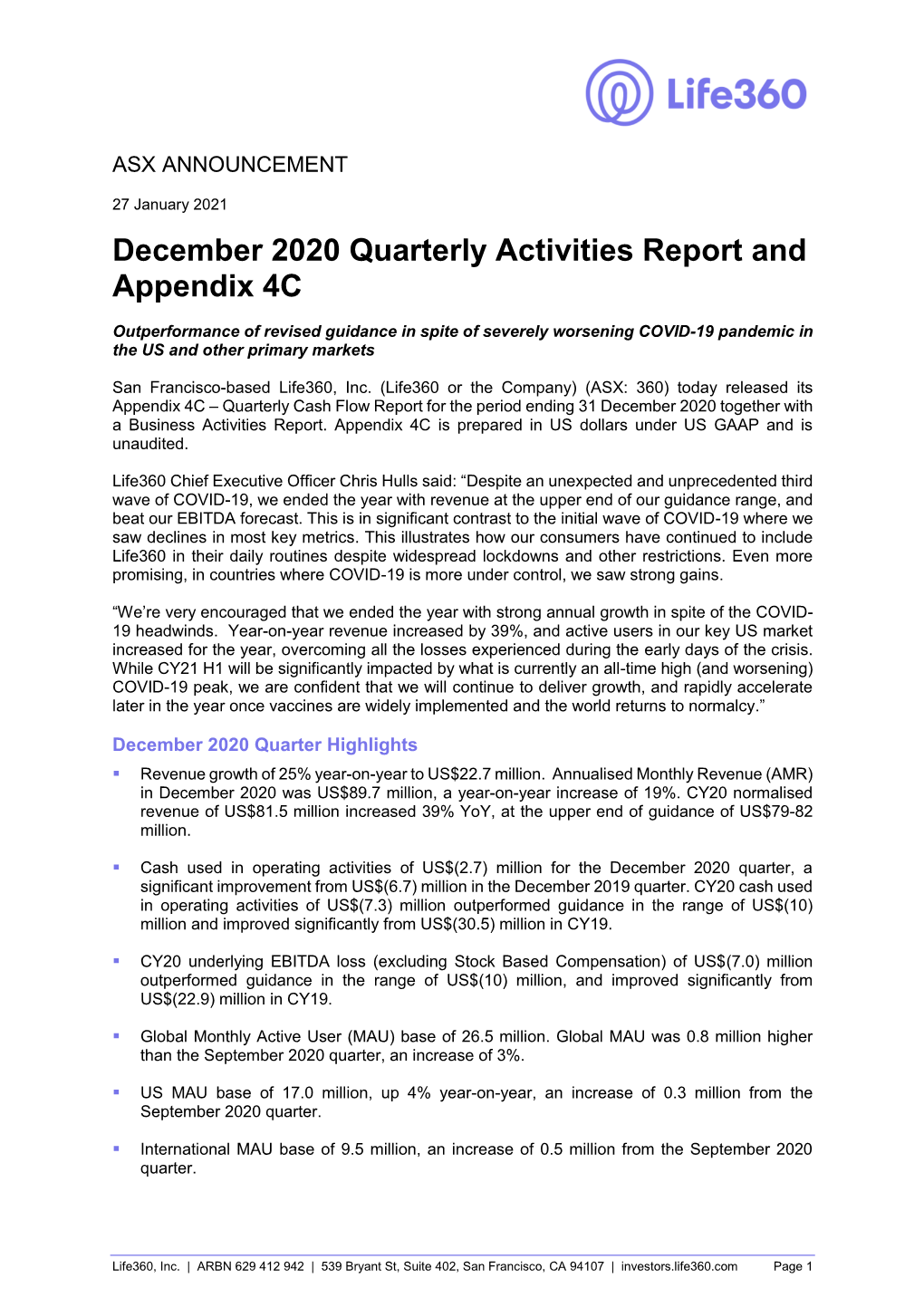 December 2020 Quarterly Activities Report and Appendix 4C
