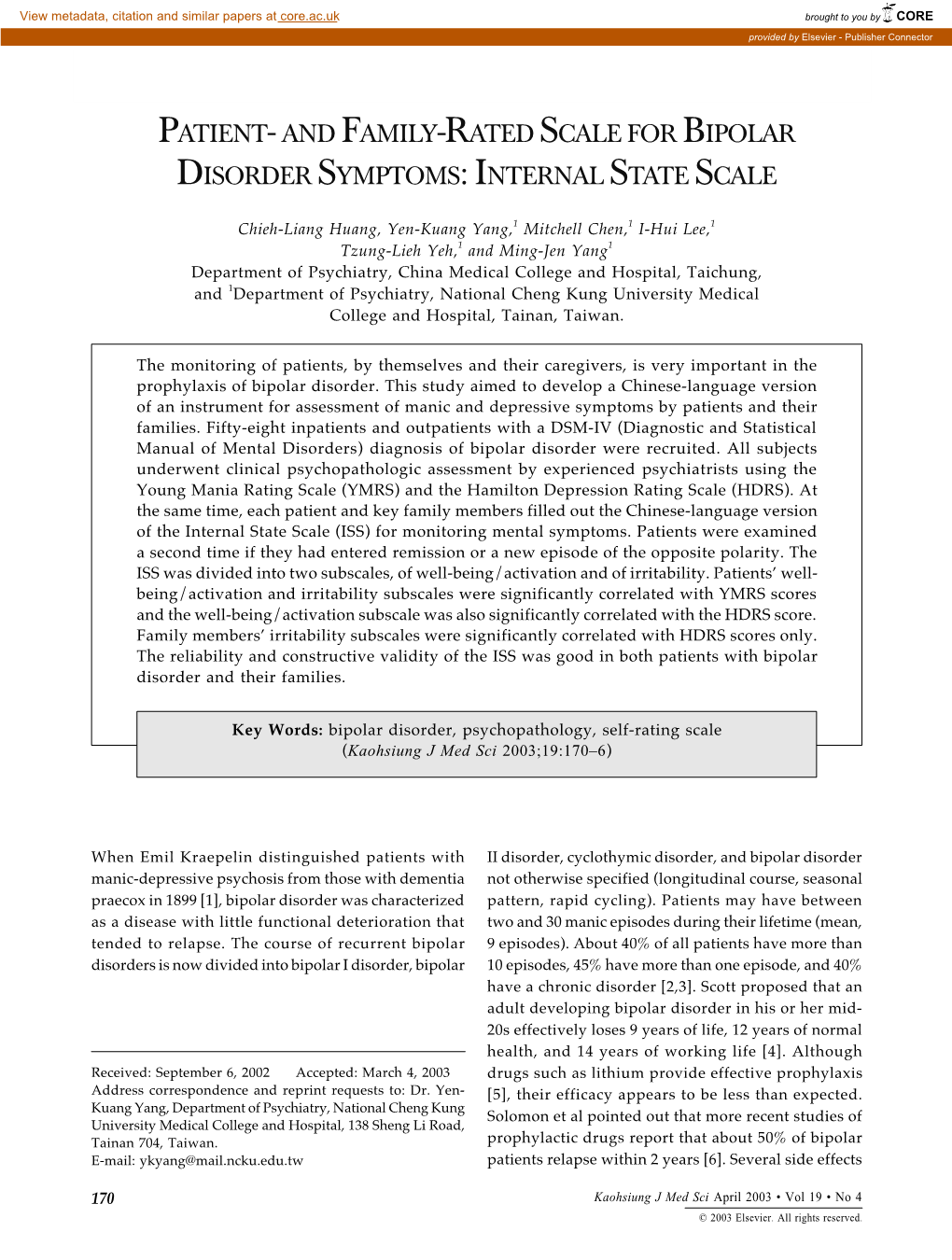 Patient- and Family-Rated Scale for Bipolar Disorder Symptoms: Internal State Scale