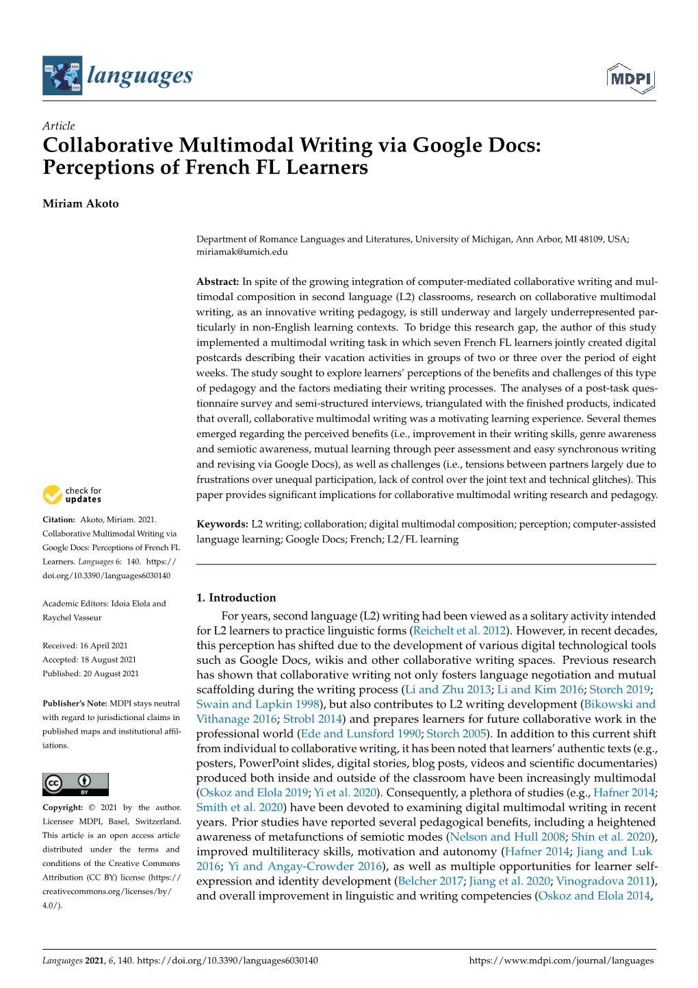 Collaborative Multimodal Writing Via Google Docs: Perceptions of French FL Learners