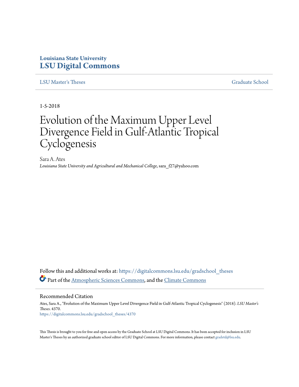 Evolution of the Maximum Upper Level Divergence Field in Gulf-Atlantic Tropical Cyclogenesis Sara A