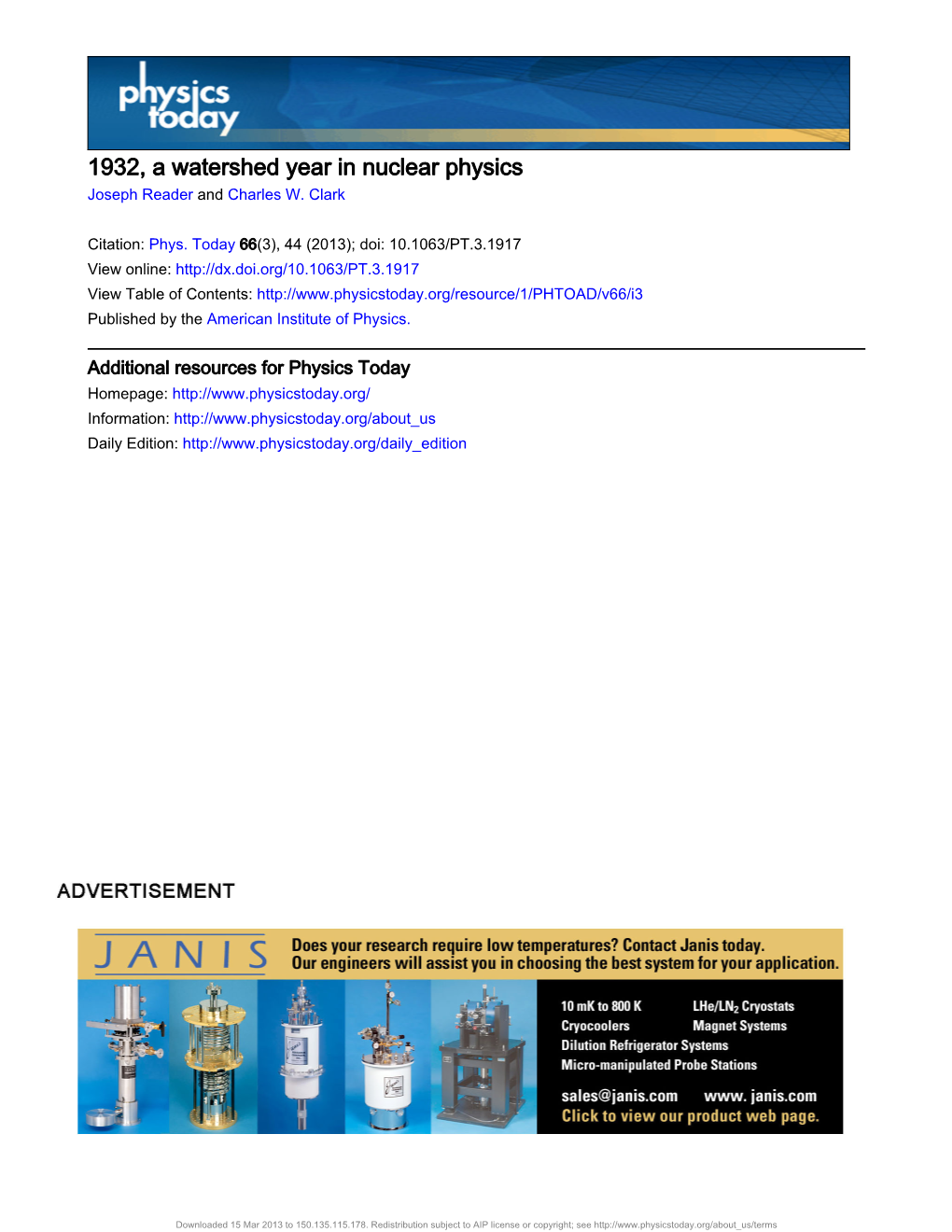 1932, a Watershed Year in Nuclear Physics Joseph Reader and Charles W