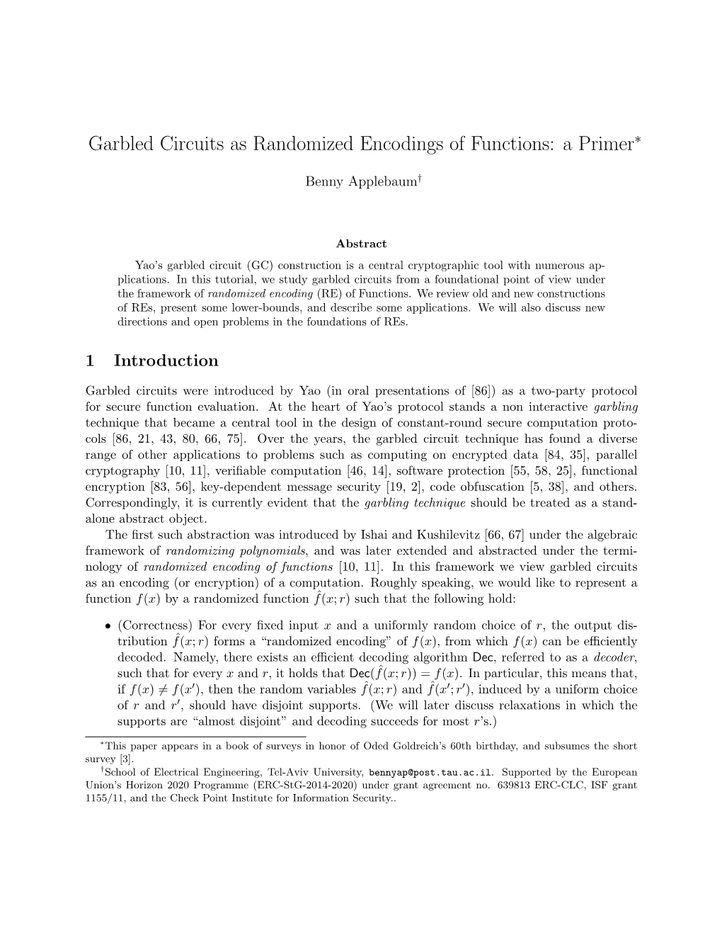 Garbled Circuits As Randomized Encodings of Functions: a Primer∗