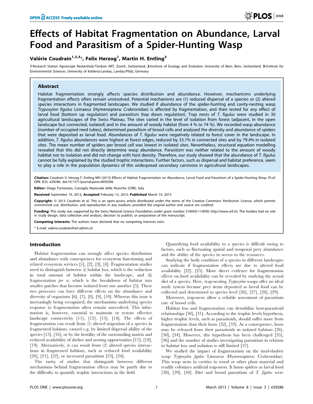 Effects of Habitat Fragmentation on Abundance, Larval Food and Parasitism of a Spider-Hunting Wasp