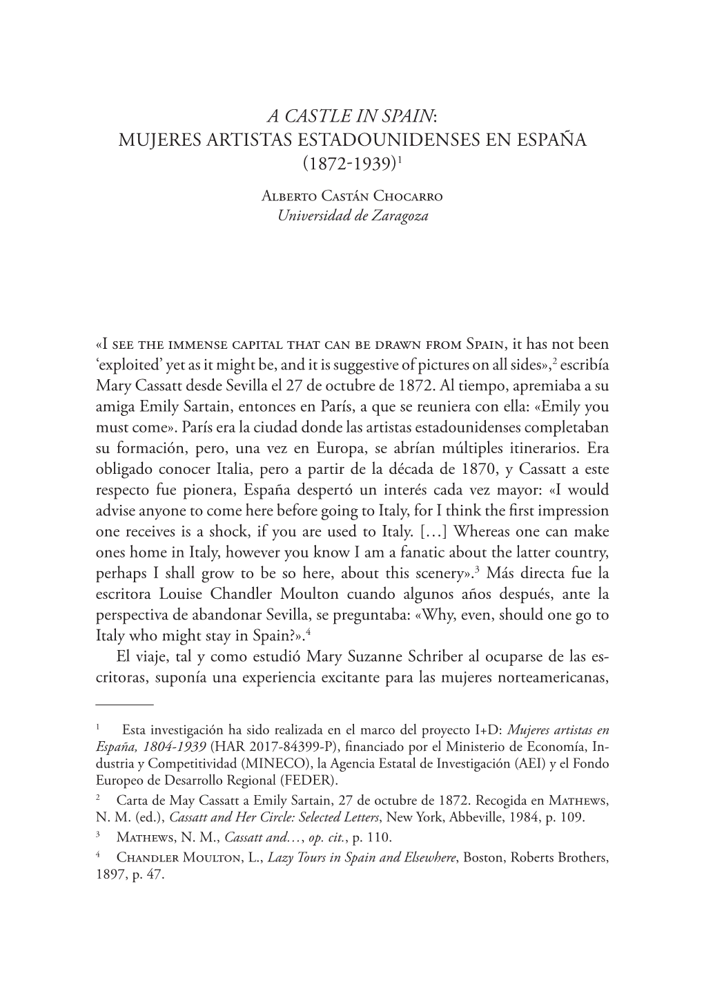 A CASTLE in SPAIN: MUJERES ARTISTAS ESTADOUNIDENSES EN ESPAÑA (1872-1939)1 Alberto Castán Chocarro Universidad De Zaragoza