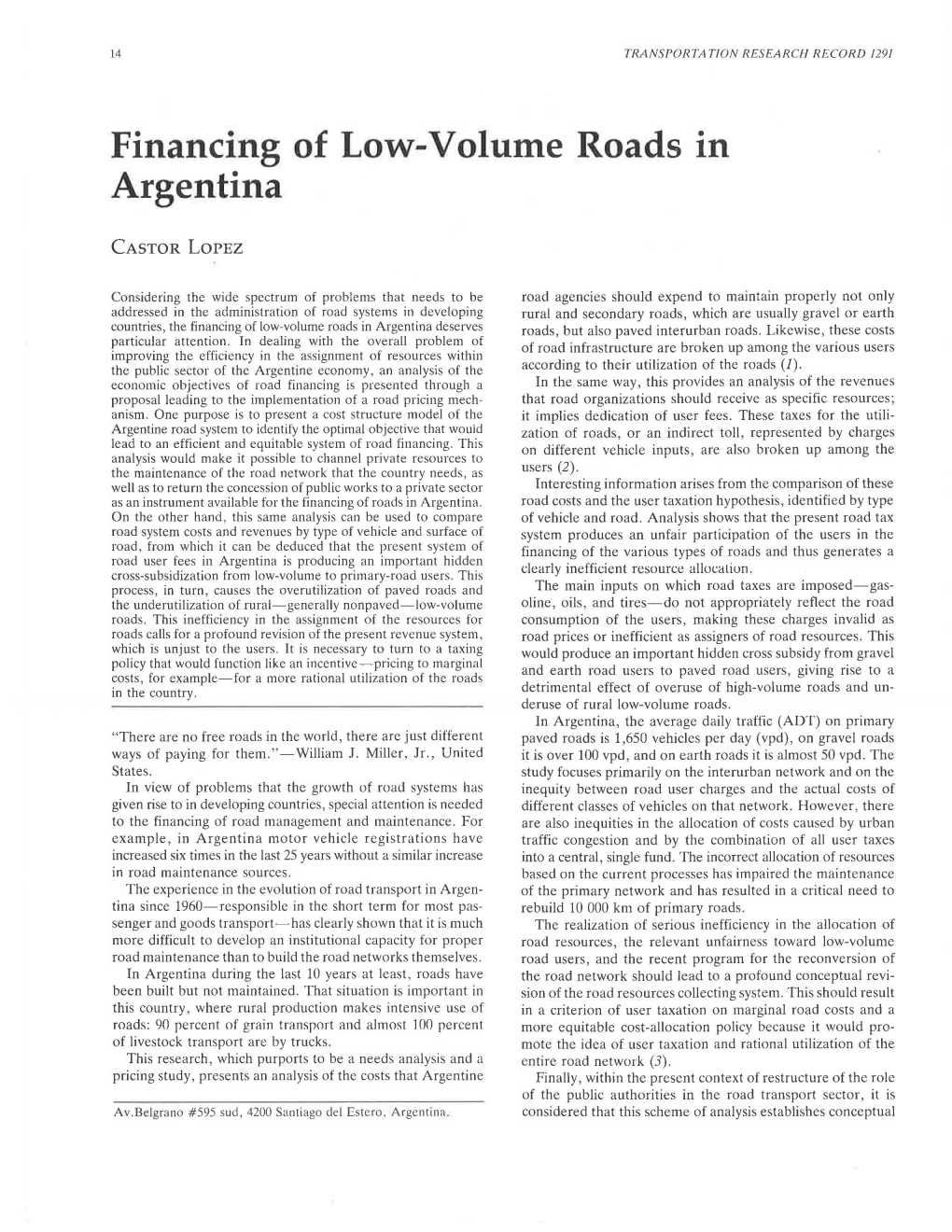 Financing of Low-Volume Roads in Argentina