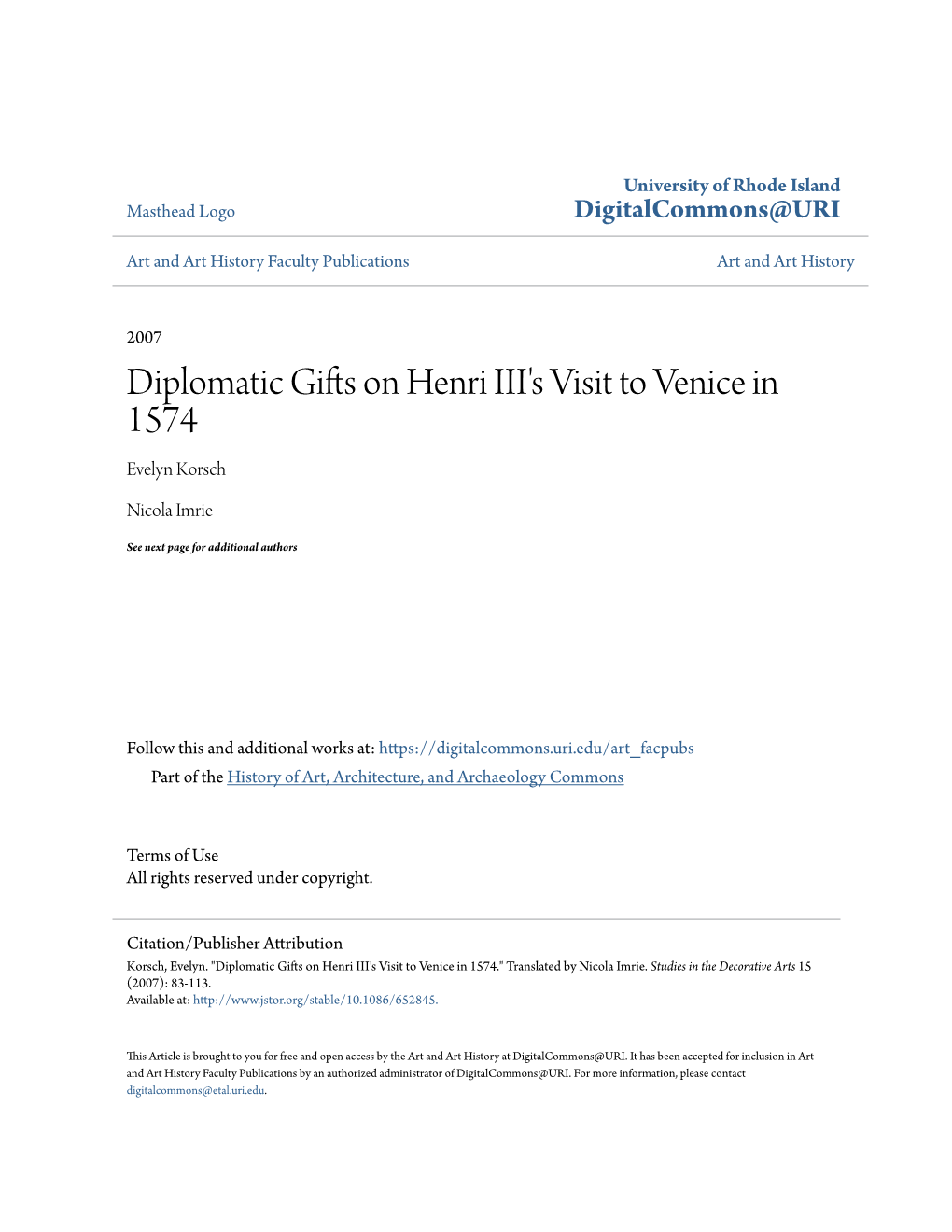 Diplomatic Gifts on Henri III's Visit to Venice in 1574 Evelyn Korsch