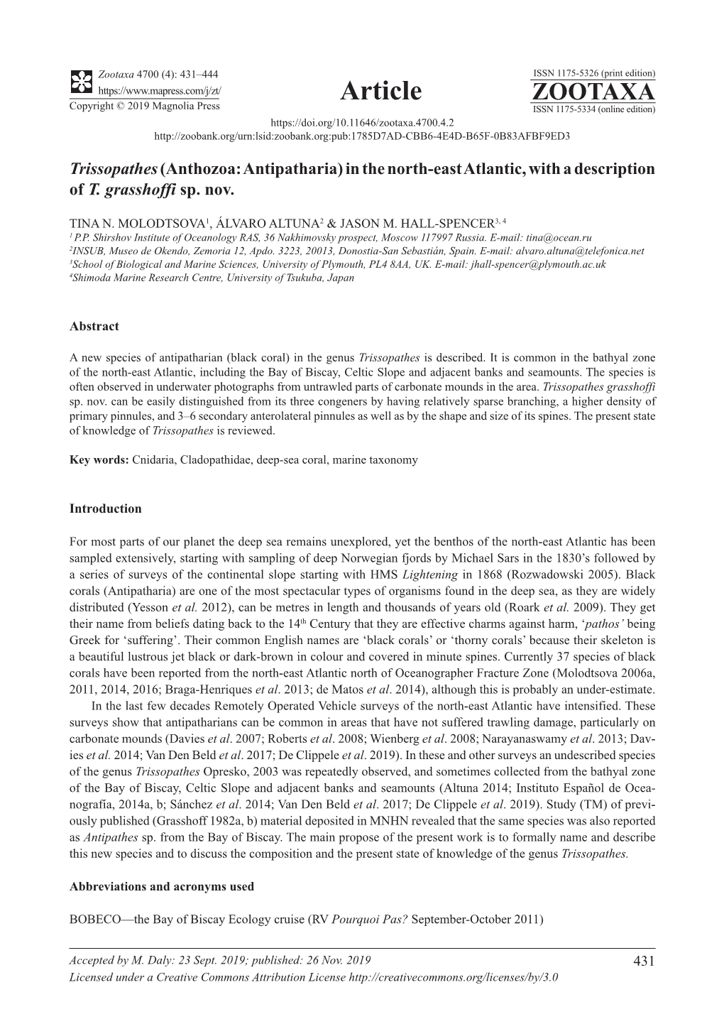 Anthozoa: Antipatharia) in the North-East Atlantic, with a Description of T