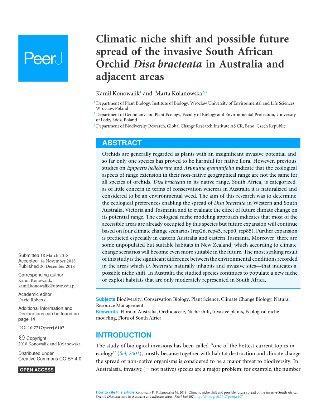 Climatic Niche Shift and Possible Future Spread of the Invasive South African Orchid Disa Bracteata in Australia and Adjacent Areas