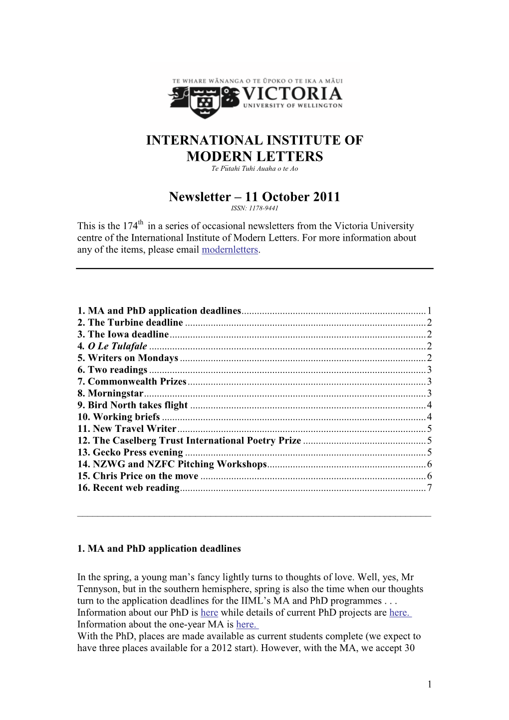 Newsletter – 11 October 2011 ISSN: 1178-9441