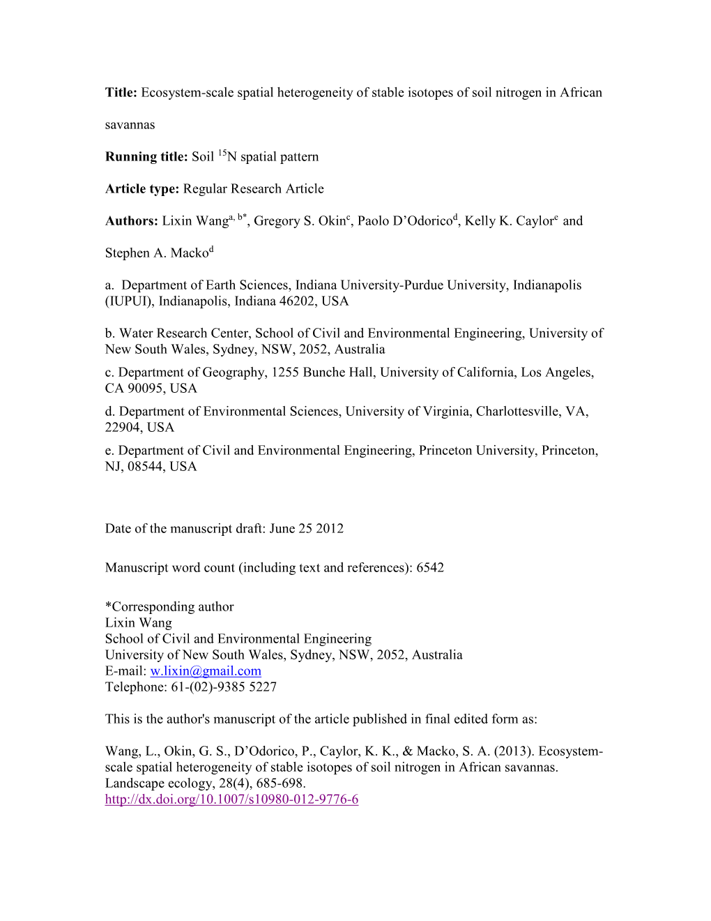 Spatial Heterogeneity of Soil Δ13c and Δ 15N in Southern African Savannas