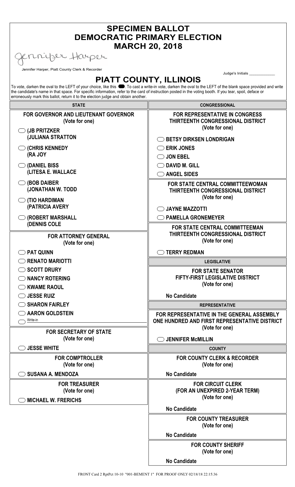 Specimen Ballot Democratic Primary Election March 20, 2018 Piatt County, Illinois