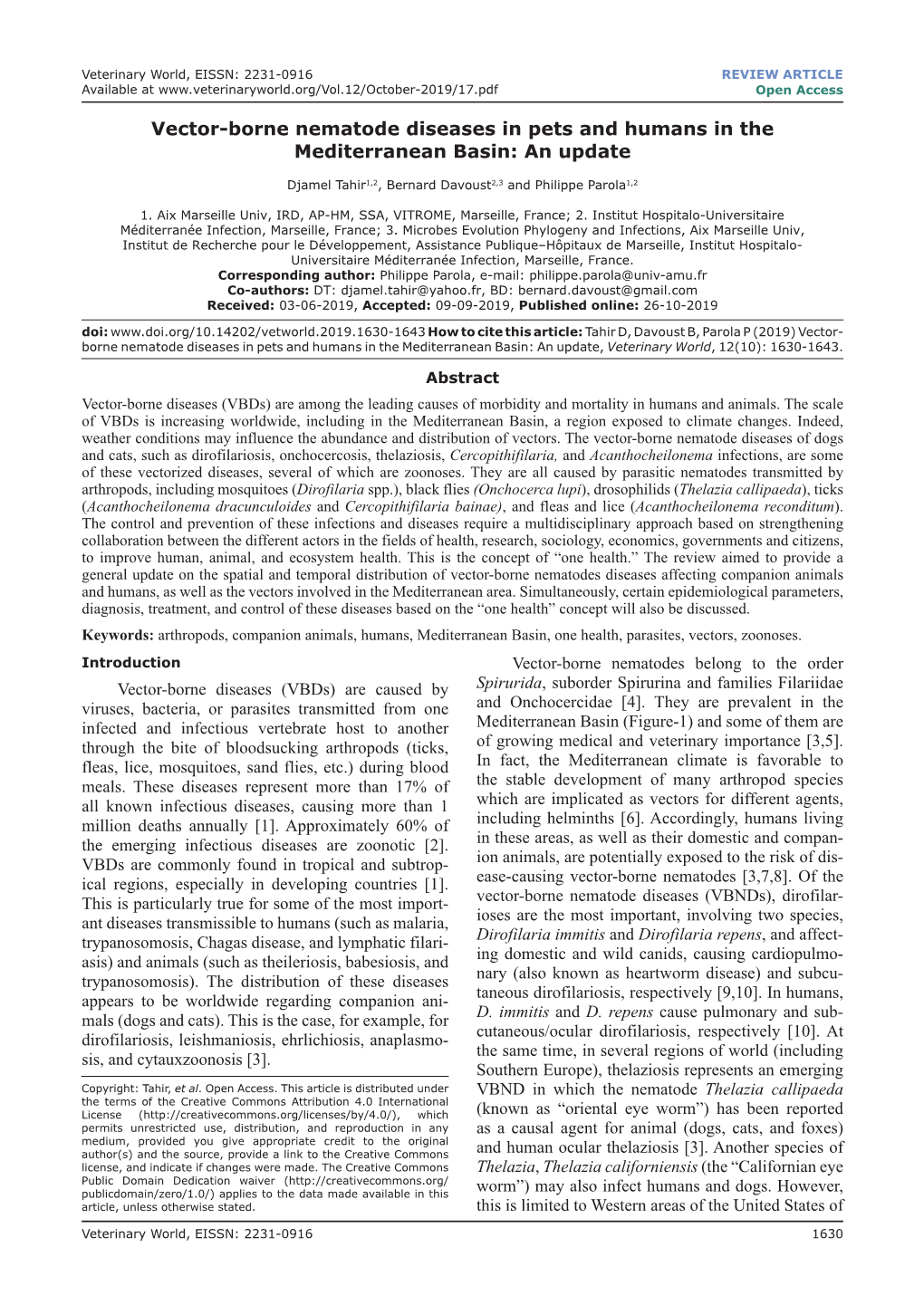 Vector-Borne Nematode Diseases in Pets and Humans in the Mediterranean Basin: an Update