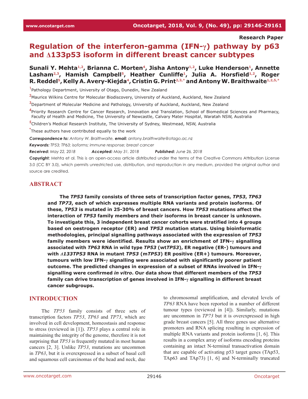 IFN-Γ) Pathway by P63 and Δ133p53 Isoform in Different Breast Cancer Subtypes