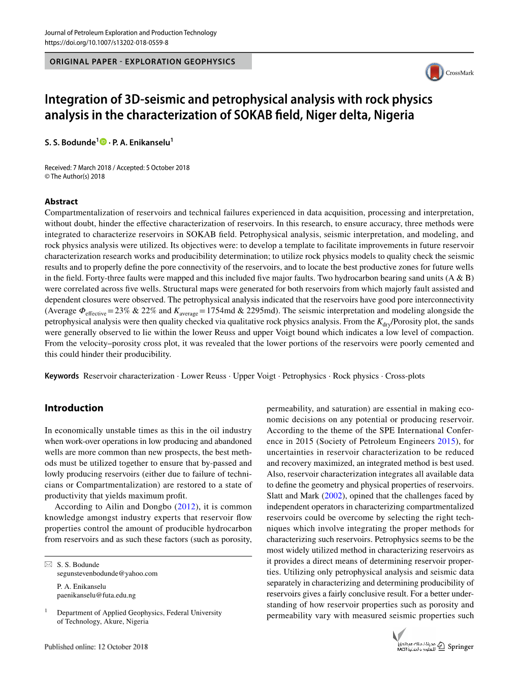 Integration of 3D-Seismic and Petrophysical Analysis with Rock Physics Analysis in the Characterization of SOKAB Field, Niger Delta, Nigeria