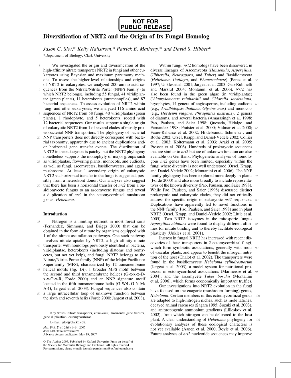 Diversification of NRT2 and the Origin of Its Fungal Homolog