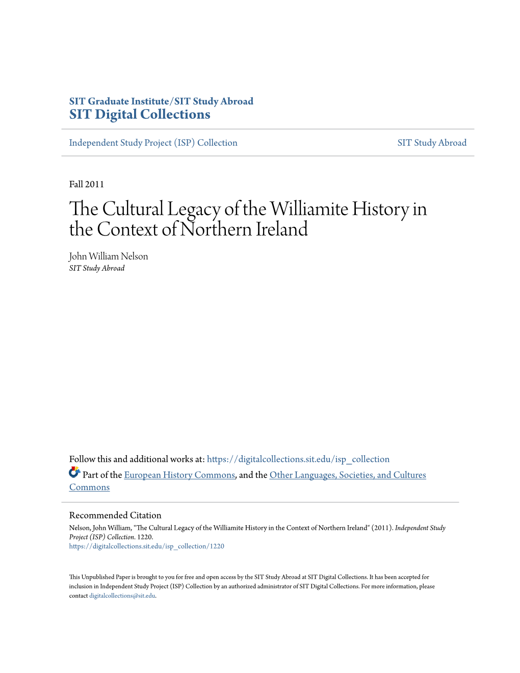 The Cultural Legacy of the Williamite History in the Context of Northern