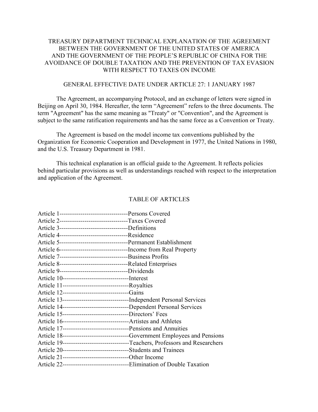 Treasury Department Technical Explanation of the Agreement Between the Government of the United States of America