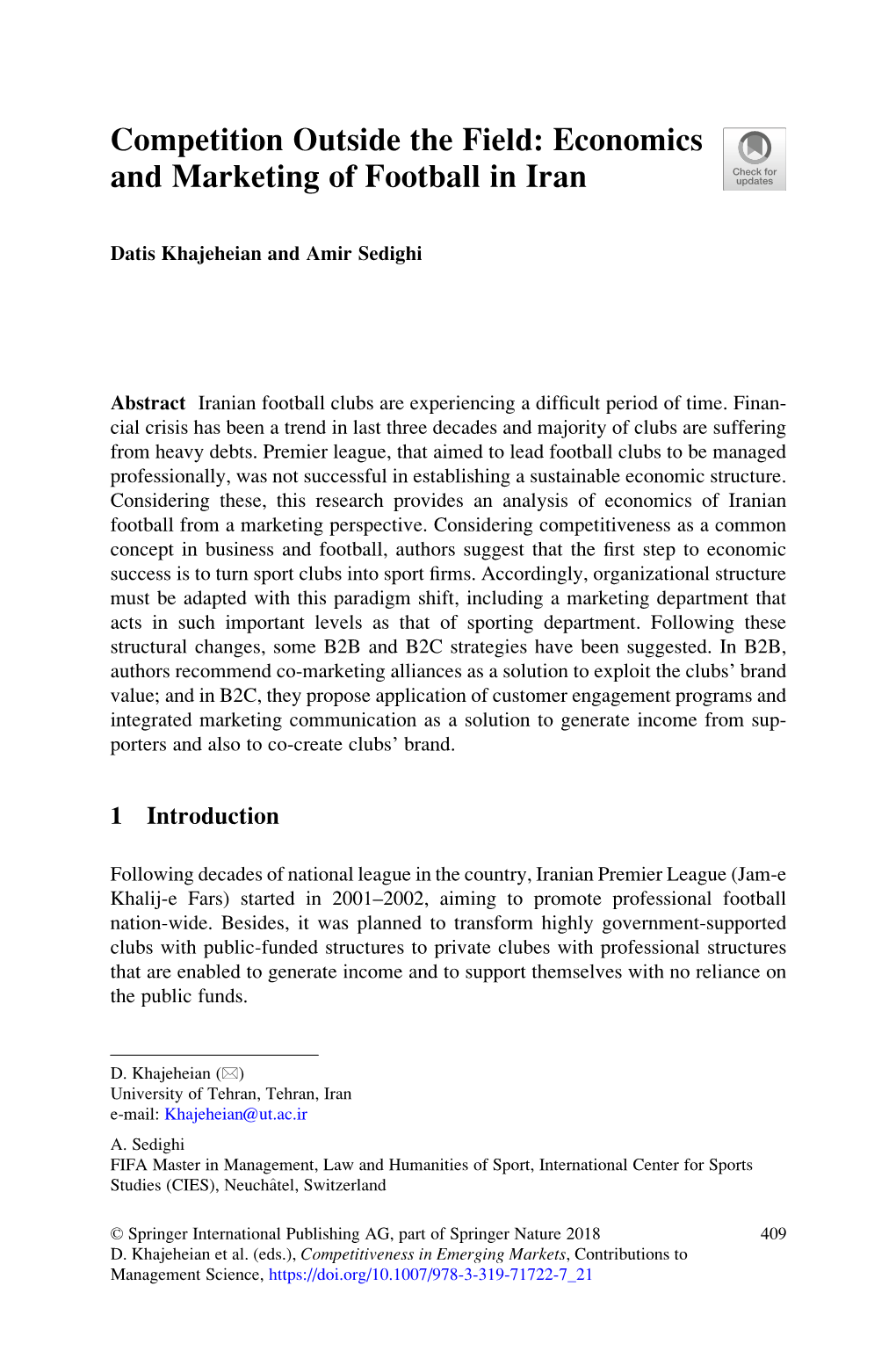 Competition Outside the Field: Economics and Marketing of Football in Iran