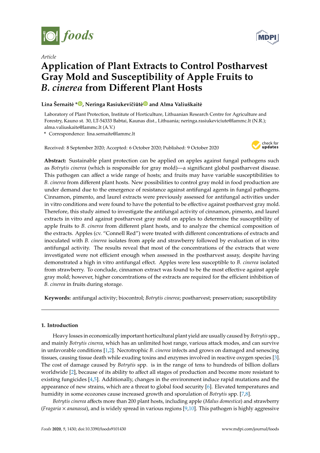 Application of Plant Extracts to Control Postharvest Gray Mold and Susceptibility of Apple Fruits to B