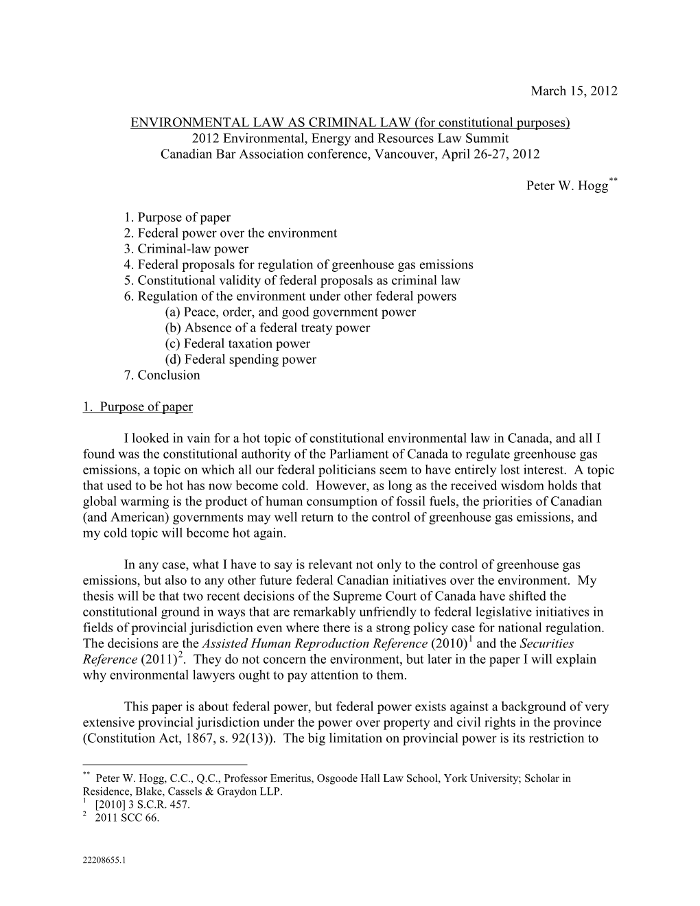 March 15, 2012 ENVIRONMENTAL LAW AS CRIMINAL