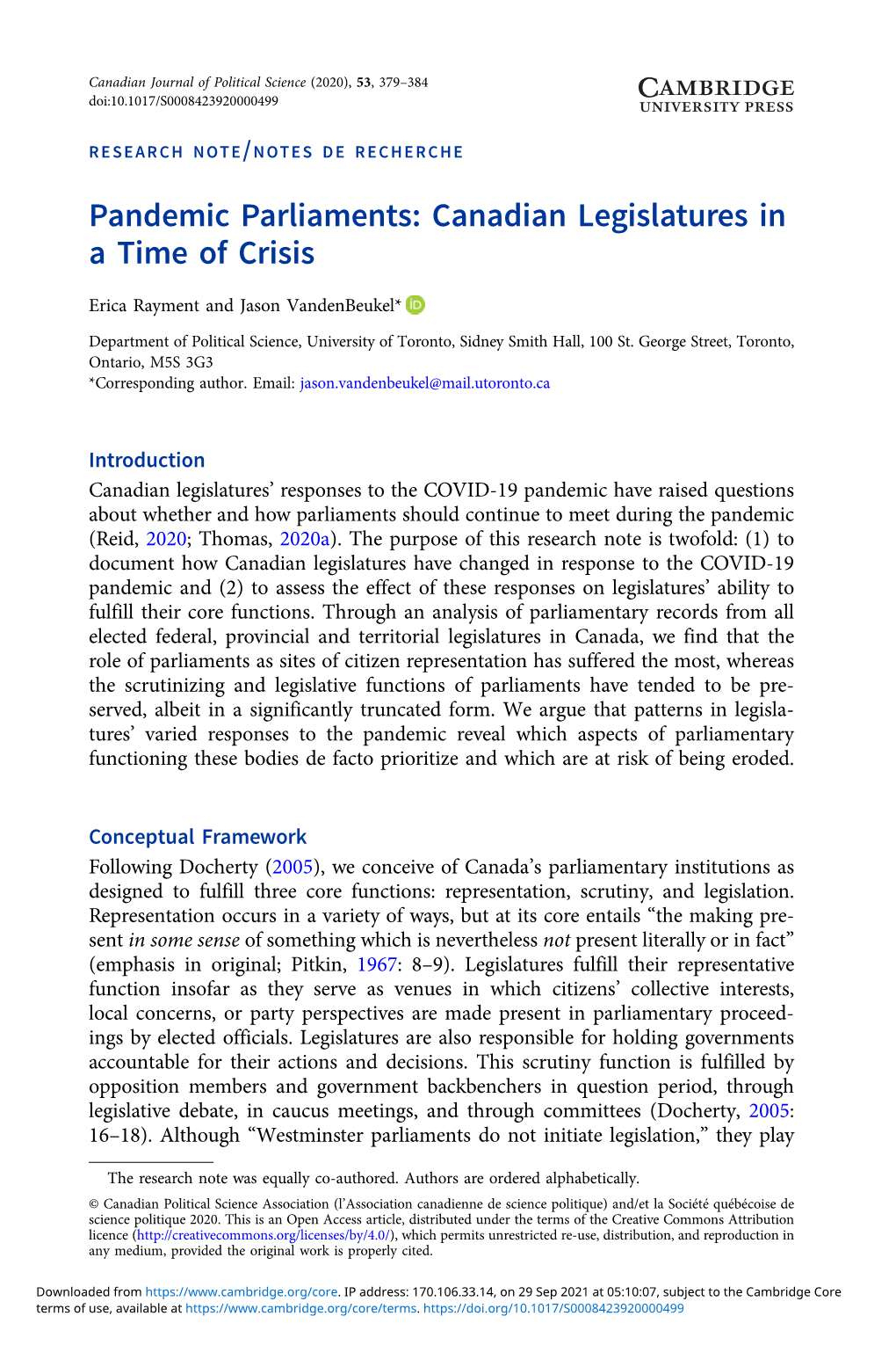 Pandemic Parliaments: Canadian Legislatures in a Time of Crisis