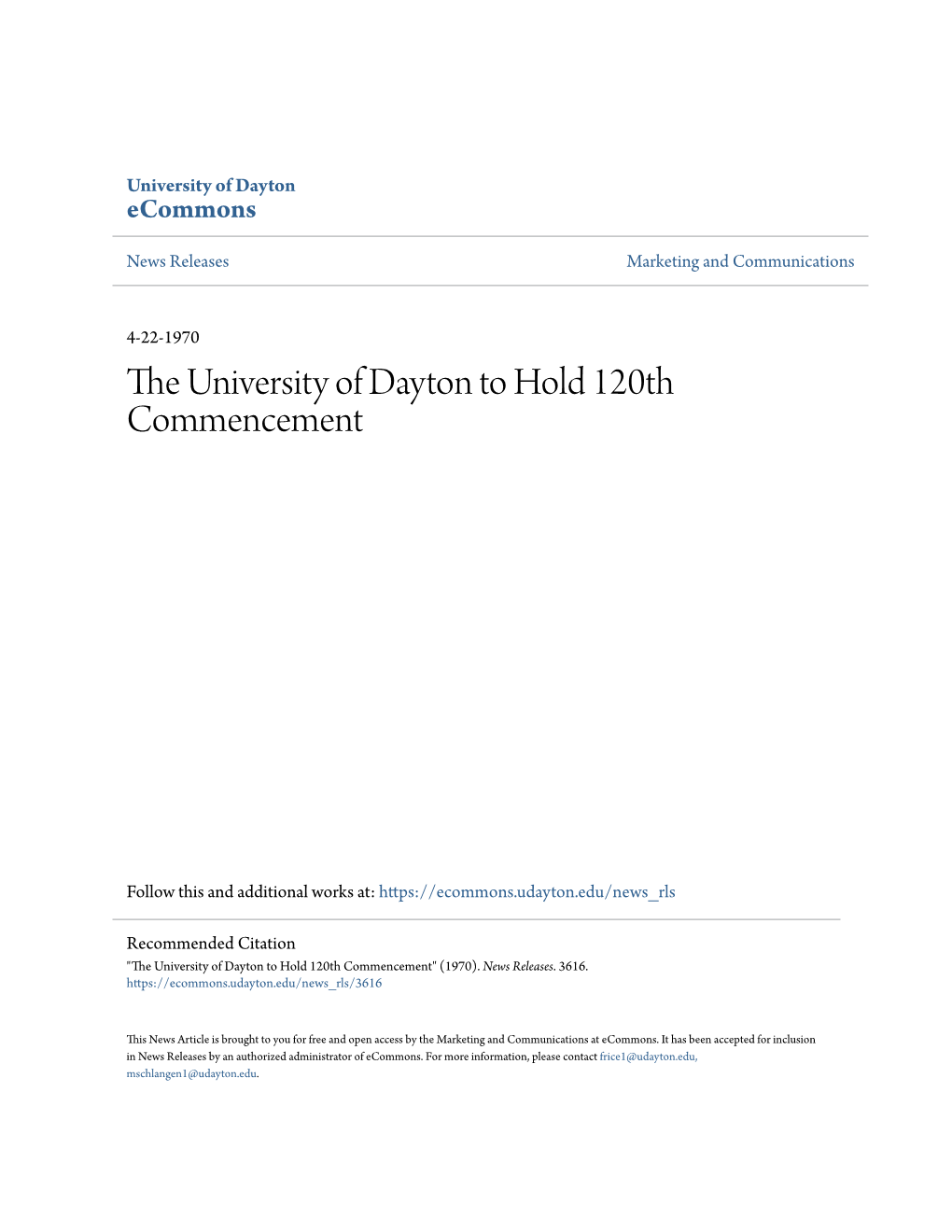 The University of Dayton to Hold 120Th Commencement