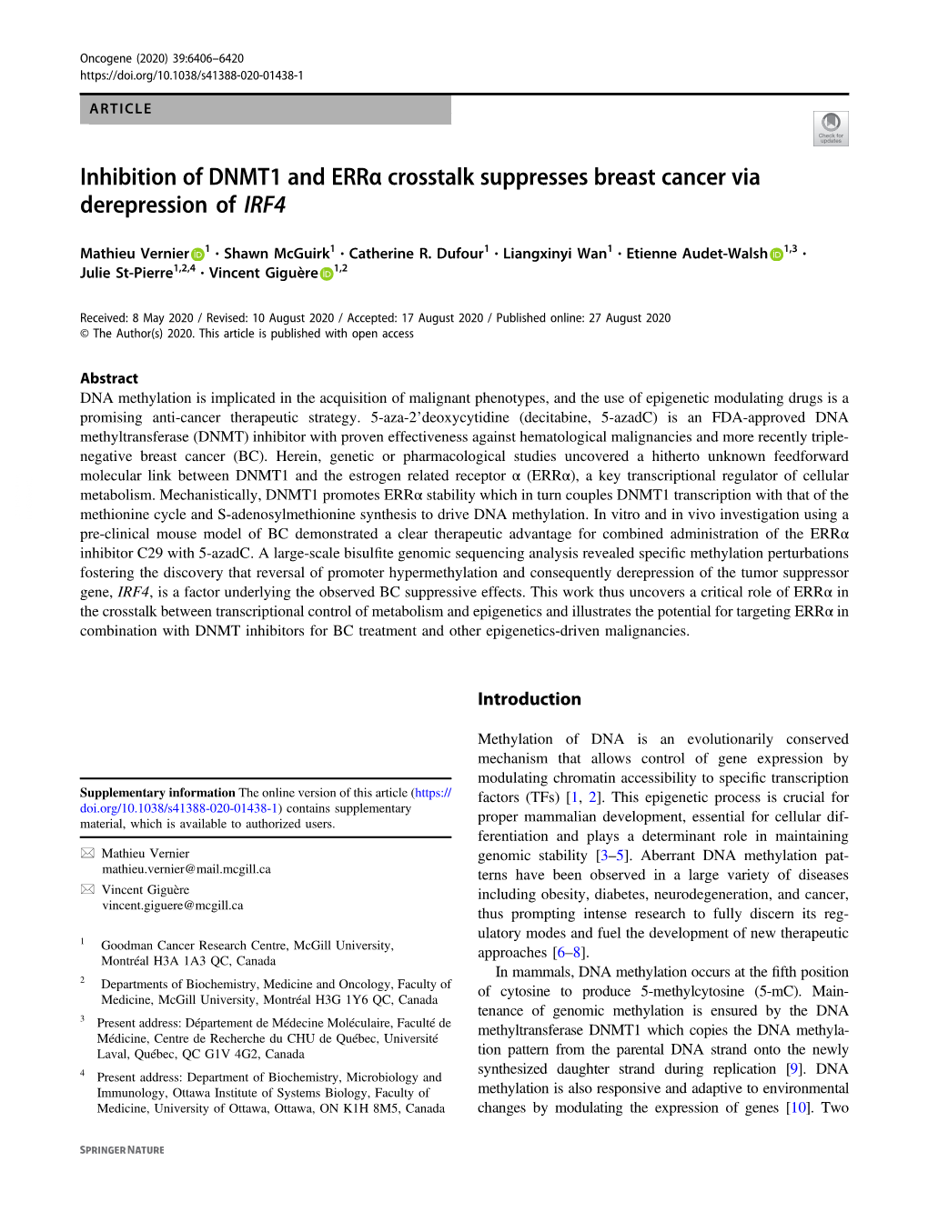 Inhibition of DNMT1 and Errα Crosstalk Suppresses Breast Cancer Via Derepression of IRF4
