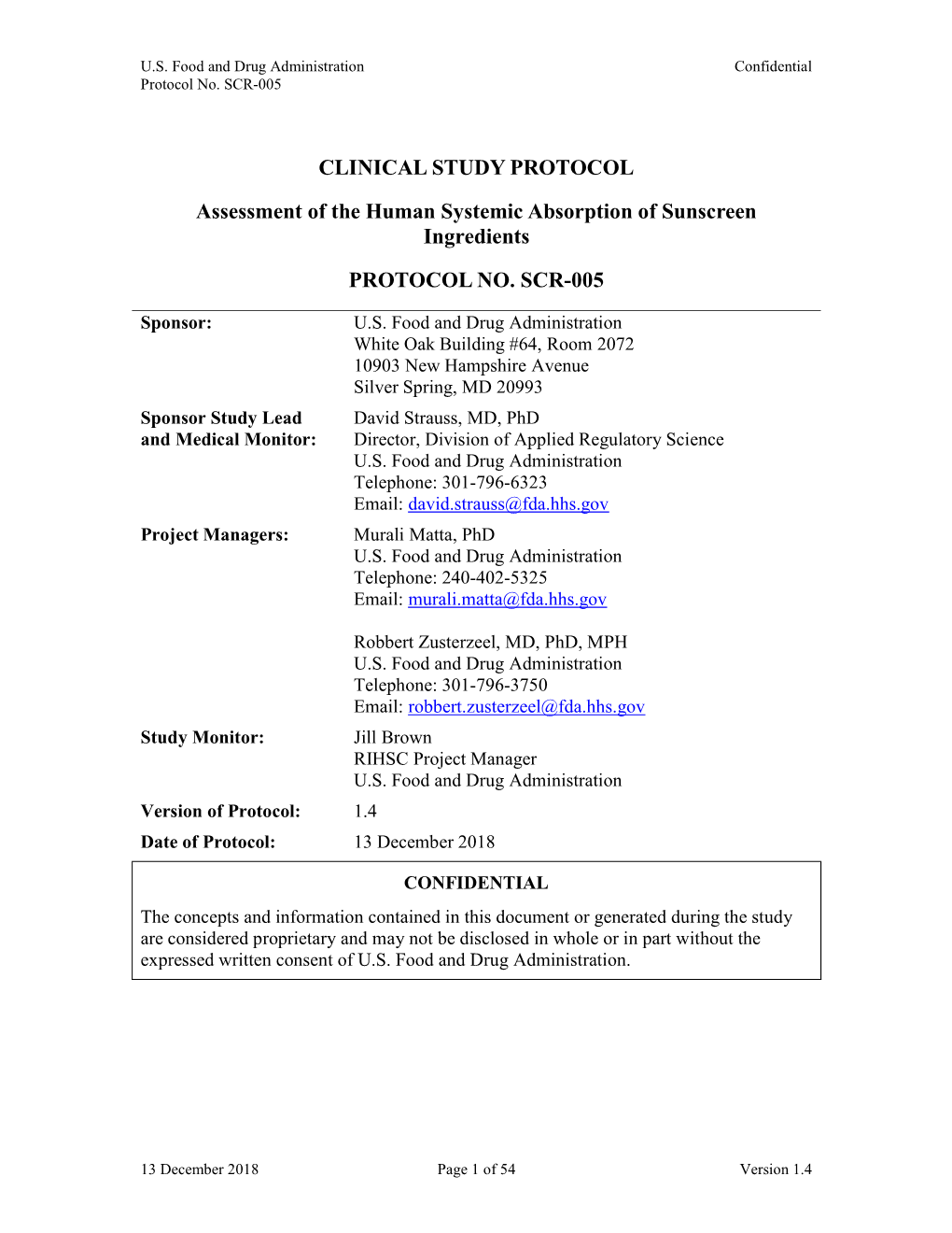 CLINICAL STUDY PROTOCOL Assessment of the Human Systemic