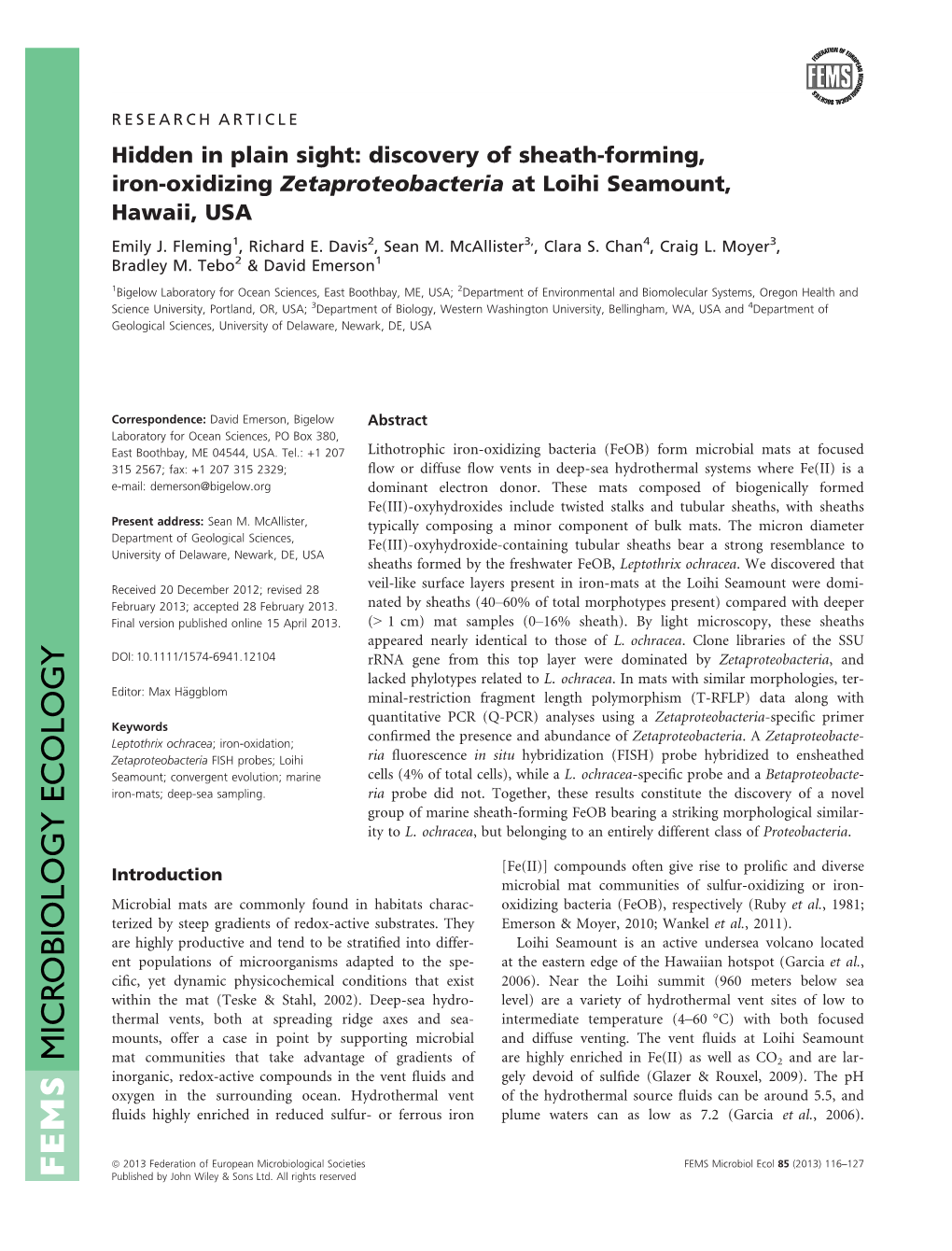 Discovery of Sheath-Forming, Iron-Oxidizing Zetaproteobacteria at Loihi Seamount, Hawaii, USA Emily J