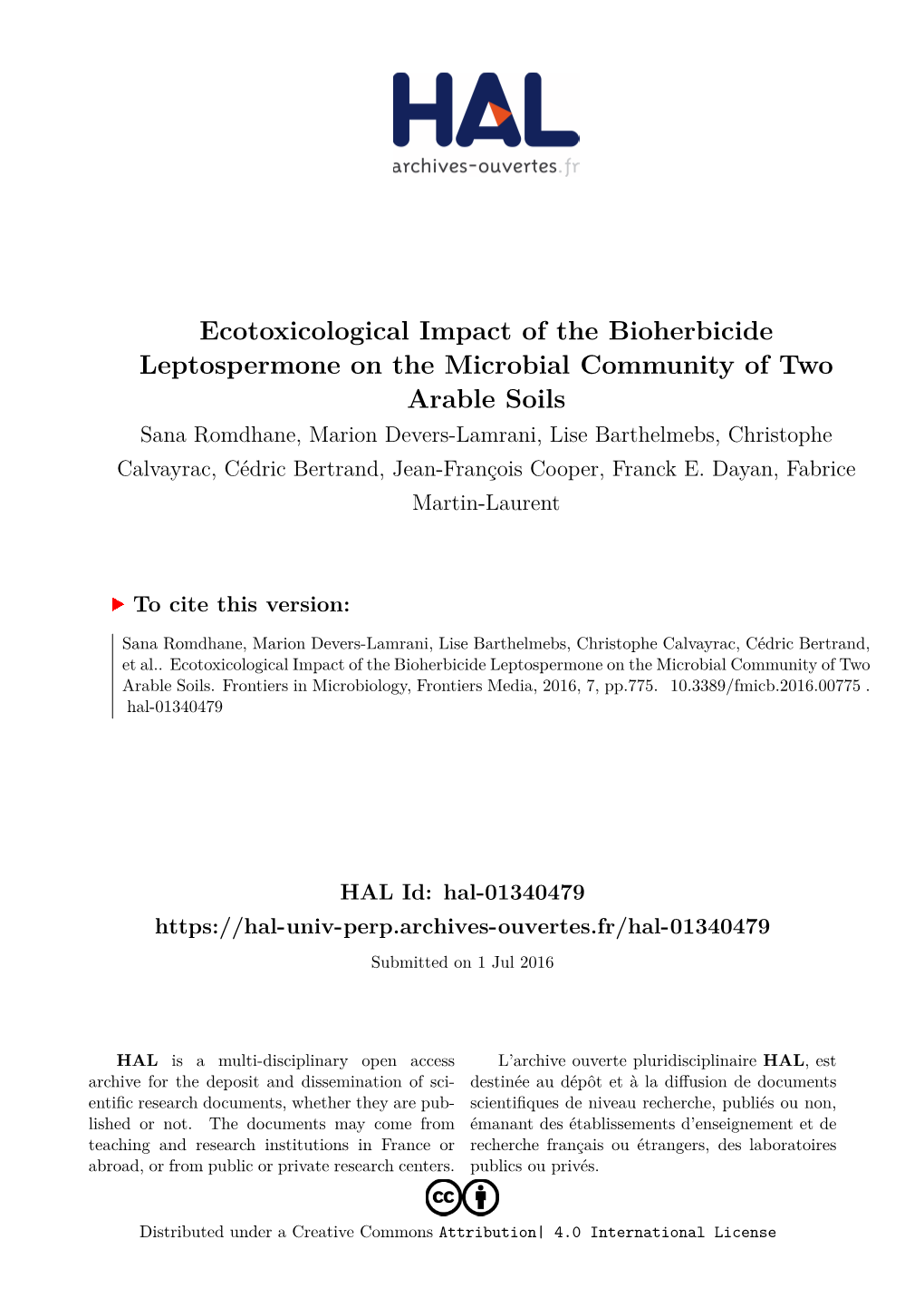 Ecotoxicological Impact of the Bioherbicide Leptospermone on The